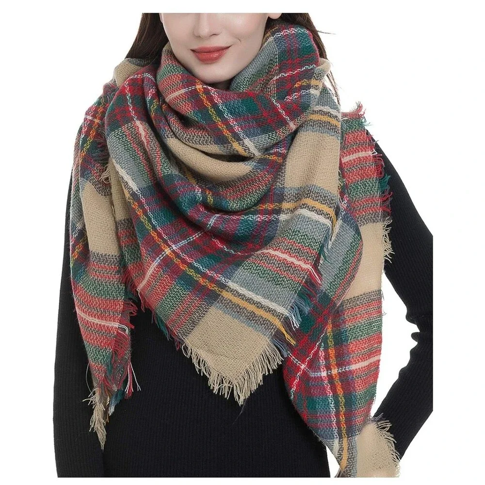 NWT Dimore Red Plaid Blanket Scarf Women Big Oversized 56” x 56” Eyelash Fringe - Picture 3 of 9